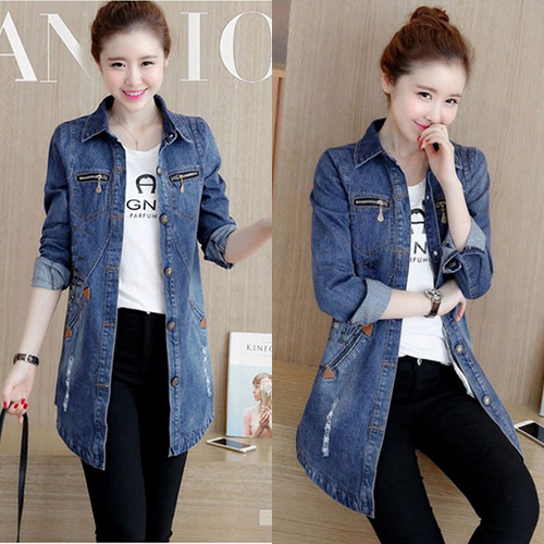 Áo Khoác Jean Nữ Form Dài Phối Dây Kéo - NK337